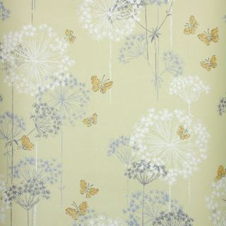 1970s Floral Vintage Wallpaper Purple White Dandelions And Butterflies On Yellow