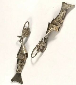 Fun Vintage Sterling Silver 925 Handcrafted Articulate Fish Dangle Earrings :)