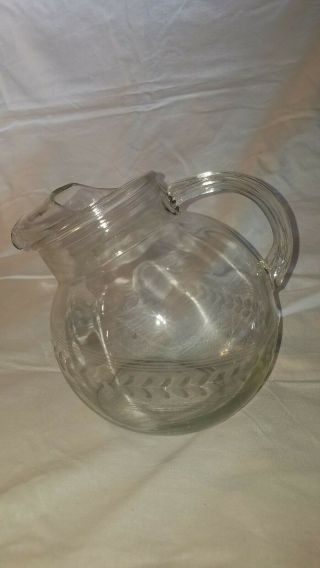 Vintage Tilted Round Ball Glass Pitcher Etched Leaves Wheat 10 Cups