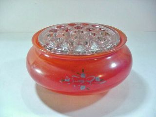 Vintage Glass Bowl / Bud Vase With Flower Frog Insert In Orange 6 - 1/2 " Across