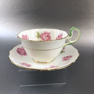 Vintage Aynsley Green Pink Roses Teacup Bone China England Tea Cup Saucer