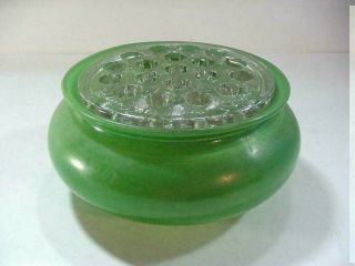 Vintage Glass Bowl / Bud Vase With Flower Frog Insert In Green 6 - 1/2 " Across