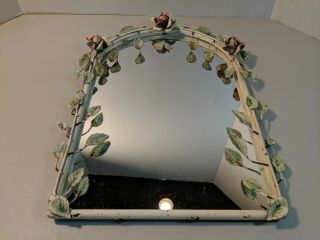 Gorgeous Vintage Italian Tole Mirror With 3 Pink Roses/vines Metal Toleware