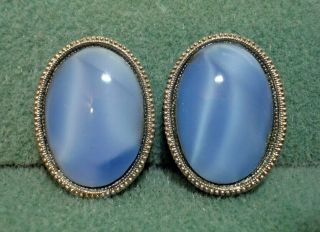 Vintage 1928 Jewelry Co Brand Blue Cats Eye Glass Cabochon Clip On Earrings St