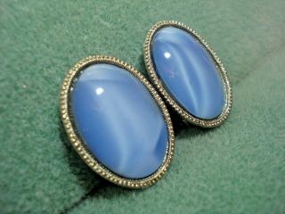 Vintage 1928 Jewelry Co Brand Blue Cats Eye Glass Cabochon Clip on Earrings ST 2