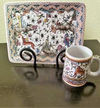 Ceramica De Conimbriga Portugal Deer Birds Hand - Painted Mug & Tray Vtg