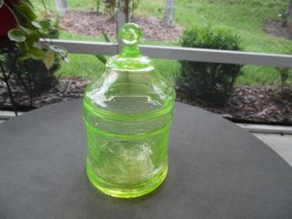 Vintage Yellow Green Vaseline Uranium Crackle Condiment Glass Jar With Lid