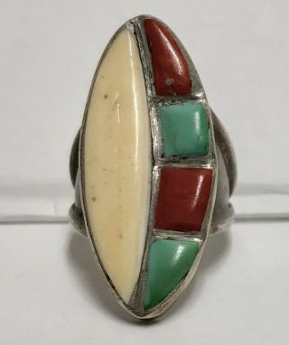 Vintage Old Pawn Navaho Sterling Silver Raised Turquoise Multistone Inlay Ring