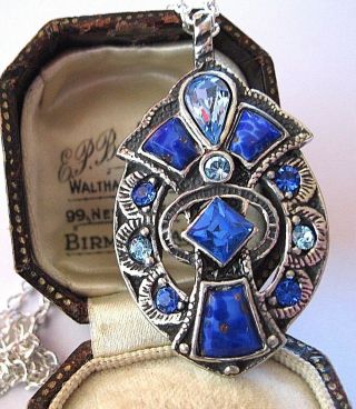 Vintage Design Signed Miracle Scottish Celtic Lapis Crystal Pendant Necklace