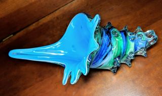 Vintage Murano Art Glass Sea Shell 12 " Blue Green Aqua Swirl Colors