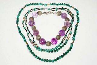3x Vintage Chinese Mixed Bead Necklaces Amethyst Malachite Silver & Other  J