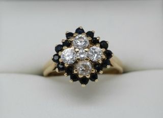 Gorgeous Vintage 9ct Gold 0.  7ct Sapphire And Clear Stone Cluster Ring - Size L