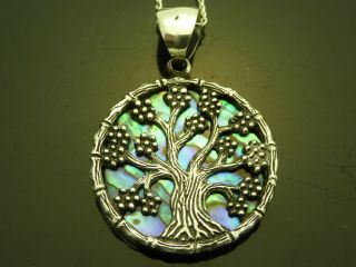 Vintage Tree Of Life Sterling Silver 925 Abalone Shell Pendant Necklace 18 "