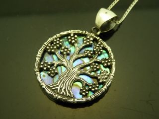 Vintage Tree Of Life Sterling Silver 925 Abalone Shell Pendant Necklace 18 