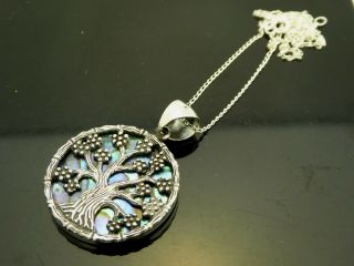 Vintage Tree Of Life Sterling Silver 925 Abalone Shell Pendant Necklace 18 