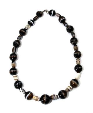 Vintage Banded Agate Bead Necklace,  Silver Clasp,  Perfect