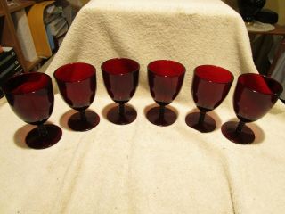6 Vintage Ruby Red Glass Ring Stemmed Goblets