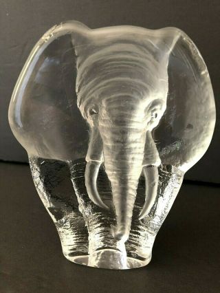 Vtg.  Mats Jonasson 1960 Ice Crystal Glass Art Elephant Signed Paperweight Sweden