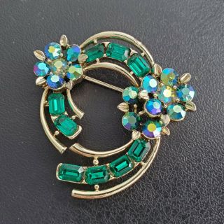 Signed Lisner Vintage Emerald Green Ab Rhinestone Flower Gold Tn Brooch Pin Bn19