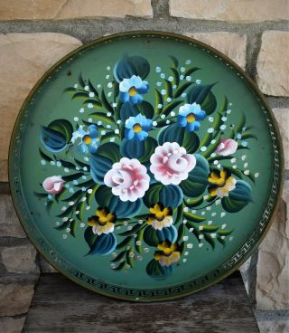 Vtg Large 18 3/4 " Round Light Green Tole Painted Tray Pink Roses Lily Of Valley