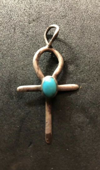 Vintage Zuni Native American Indian Sterling Silver Turquoise Cross Necklace