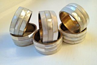 Vintage Mother Of Pearl And Brass Metal Napkin Rings Set Of 6