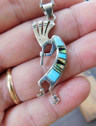 Vtg Hopi Sterling Silver Turquoise Fire Opal Kokopelli Pendant & Chain Necklace