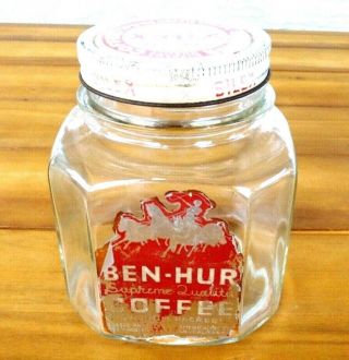 Vintage Ben Hur Supreme Quality Glass Square Coffee Jar &ben Hur Silex Metal Lid