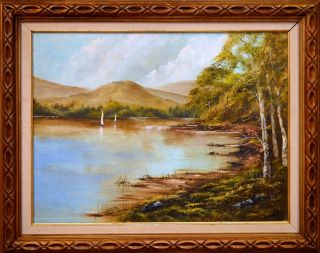 Vintage Oil Painting Landscape Lake,  Trees On Board Signed