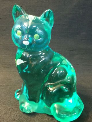 Vintage Fenton Hand Painted Signed S.  Lee Green Glass Cat Kitten Figurine