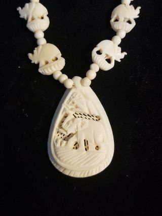 Vintage Carved Ivory Color Celluloid Elephant Necklace W/ 14k Gold Clasp