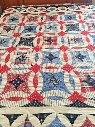 Vintage Red White Blue Americana Double Wedding Ring Cheater Quilt 86 " X 85 "