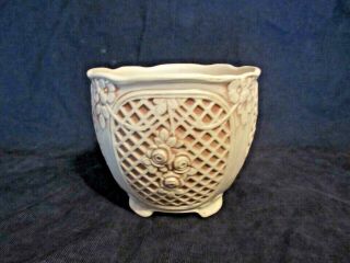 Vintage Weller Art Pottery Ivory Lattice And Rose Jardiniere