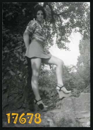 Sexy Girl At Tree,  Mini Skirt,  Strange Sandals,  Legs,  Vintage Photograph,  1970s