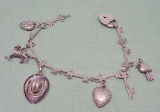 Vintage Sterling Silver Charm Bracelet Key Links Puffy Hearts Padlock Clasp