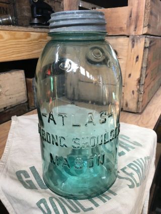 Vintage Atlas Strong Shoulder Blue Mason Canning Jar Half Gallon W/zinc Lid