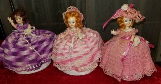 3 Vintage Crocheted Dolls Toilet Paper Holder 2 W/hats All Have Corsages Pearls