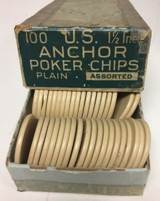 84 Vintage U.  S.  Anchor Clay Poker Chips With Box C.  1940 