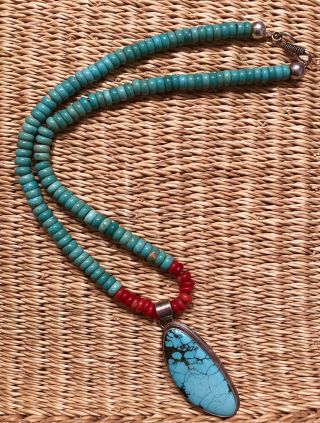 Vintage Native American Turquoise Signed 925 Sterling Silver Necklace 10” 20”