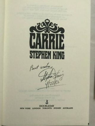 Carrie By Stephen King 1974 1st Edition 2nd Printing Signed