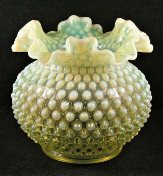 Vintage Fenton Art Glass Hobnail Topaz Opalescent Vaseline Large Rose Bowl Vase.