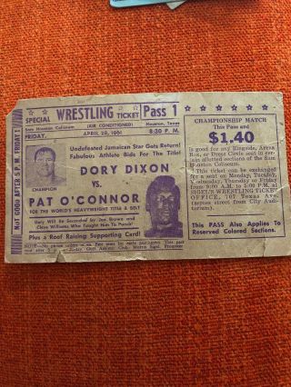 1961 Houston Wrestling Ticket Stub Vintage Sam Houston Coliseum Morris Sigel Nwa