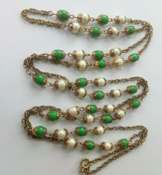 Lovely Vintage Necklace White Faux Pearls Green Beads Flapper 54 "