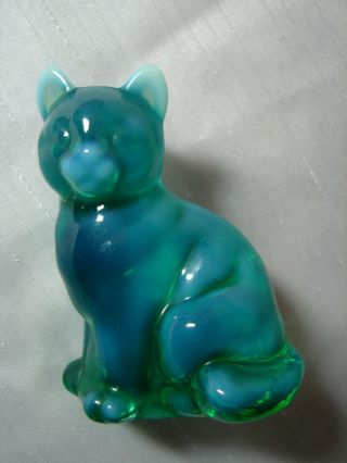 Vintage Fenton Aqua Blue Opalescent Glass 4 " Tall Sitting Kitty Cat