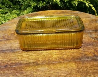 Vintage Federal Amber Ribbed Glass Rectangular/loaf Refrigerator Dish With Lid