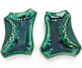 (2) Vintage Usa Pottery Ashtray Retro Green Lava Drip Set Mid Century Modern Art
