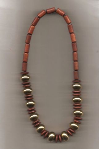 Vintage Aarikka Finland Wooden Bead Necklace Brown Beads W/goldtone Trim