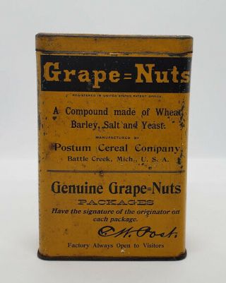 Vintage Grape Nuts Tin Permanent Service Can Refill Container Postum Cereal Co