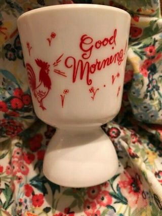 Vintage White Milk Glass,  Red Rooster " Good Morning " Egg Cup Holder,  Hazel Atlas