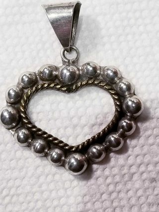 Vintage Mexican Sterling Silver Taxco Design Heart Pendant Beaded Edge Signed